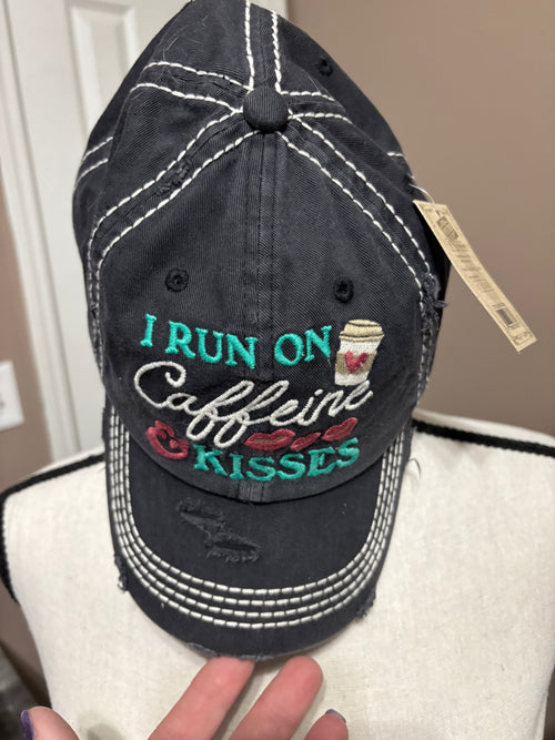 Black distressed I run on caffeine and kisses ballcap