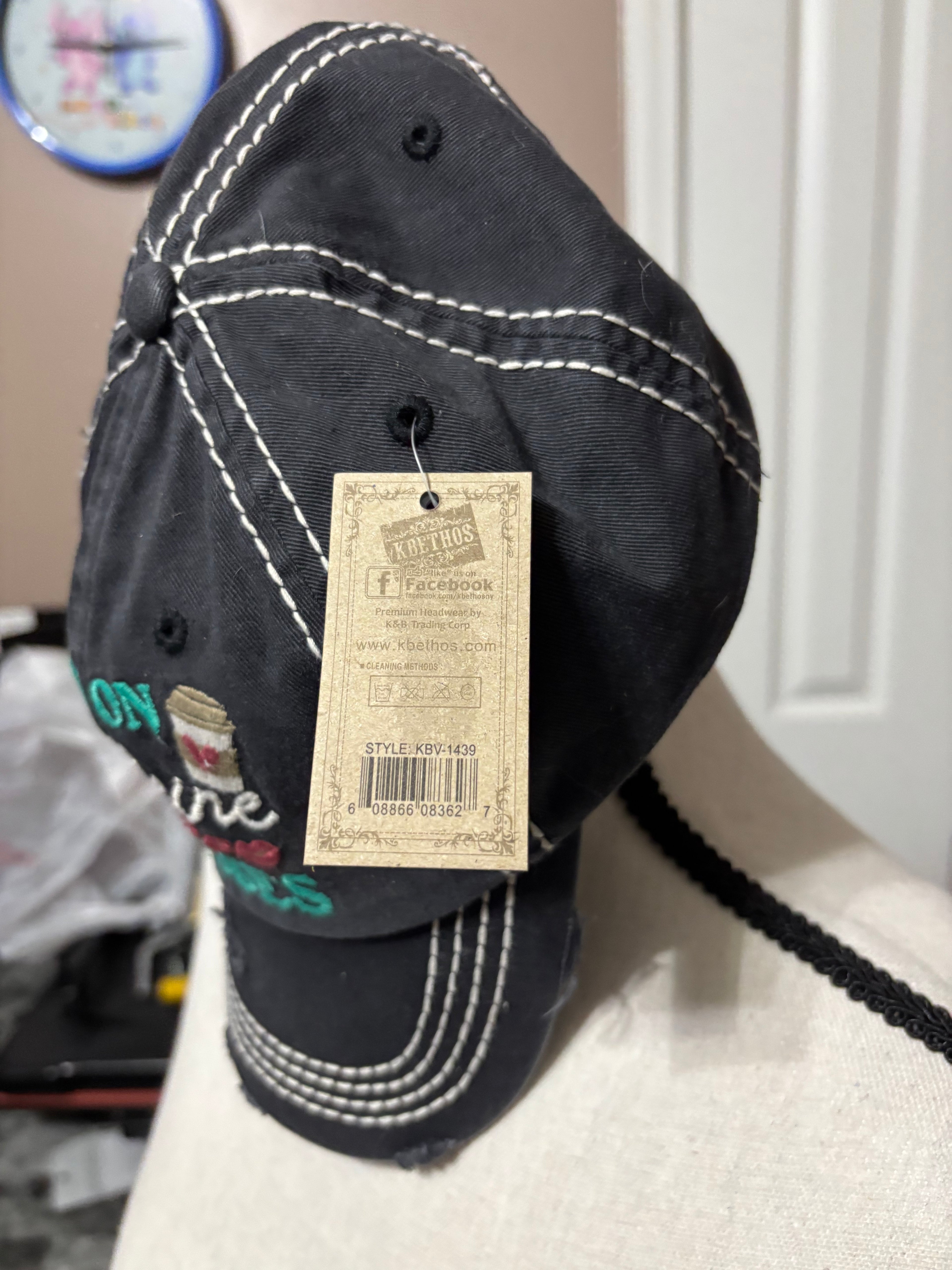 Black distressed I run on caffeine and kisses ballcap